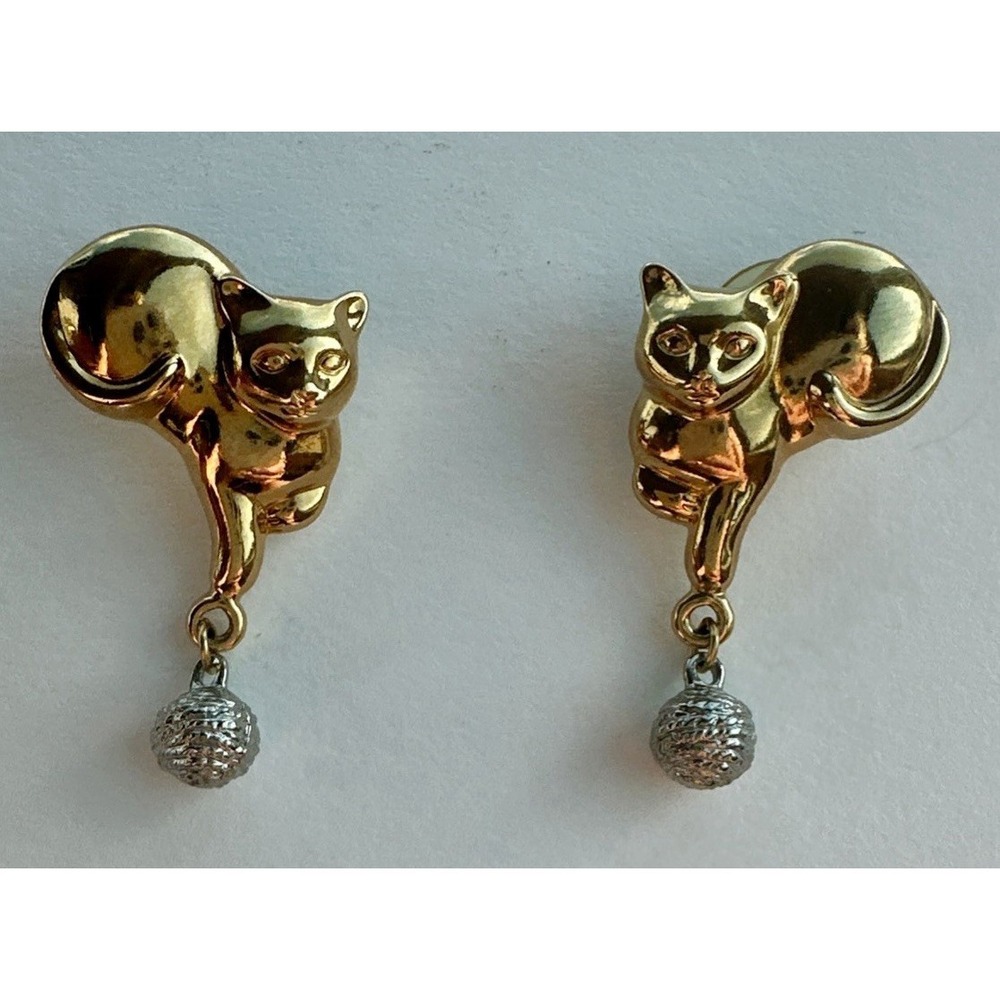 Vintage Avon Gold Tone Cat Earrings With Silver Ball Dangles 1.5"